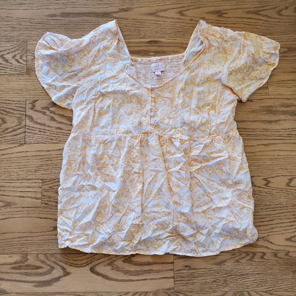 Isabel Maternity Yellow Floral Ruffle Sleeve Top Button XL EUC - Picture 2 of 3